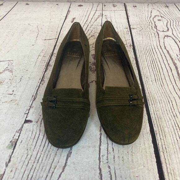 Stuart Weitzman Slip‎ On Kitten Heel Pointed Toe Womens 7.5 Dark Green Suede - Picture 3 of 10